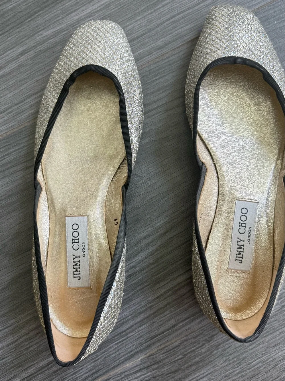Jimmy Choo Glitter Flats with Black Trim size 39 (worn once)